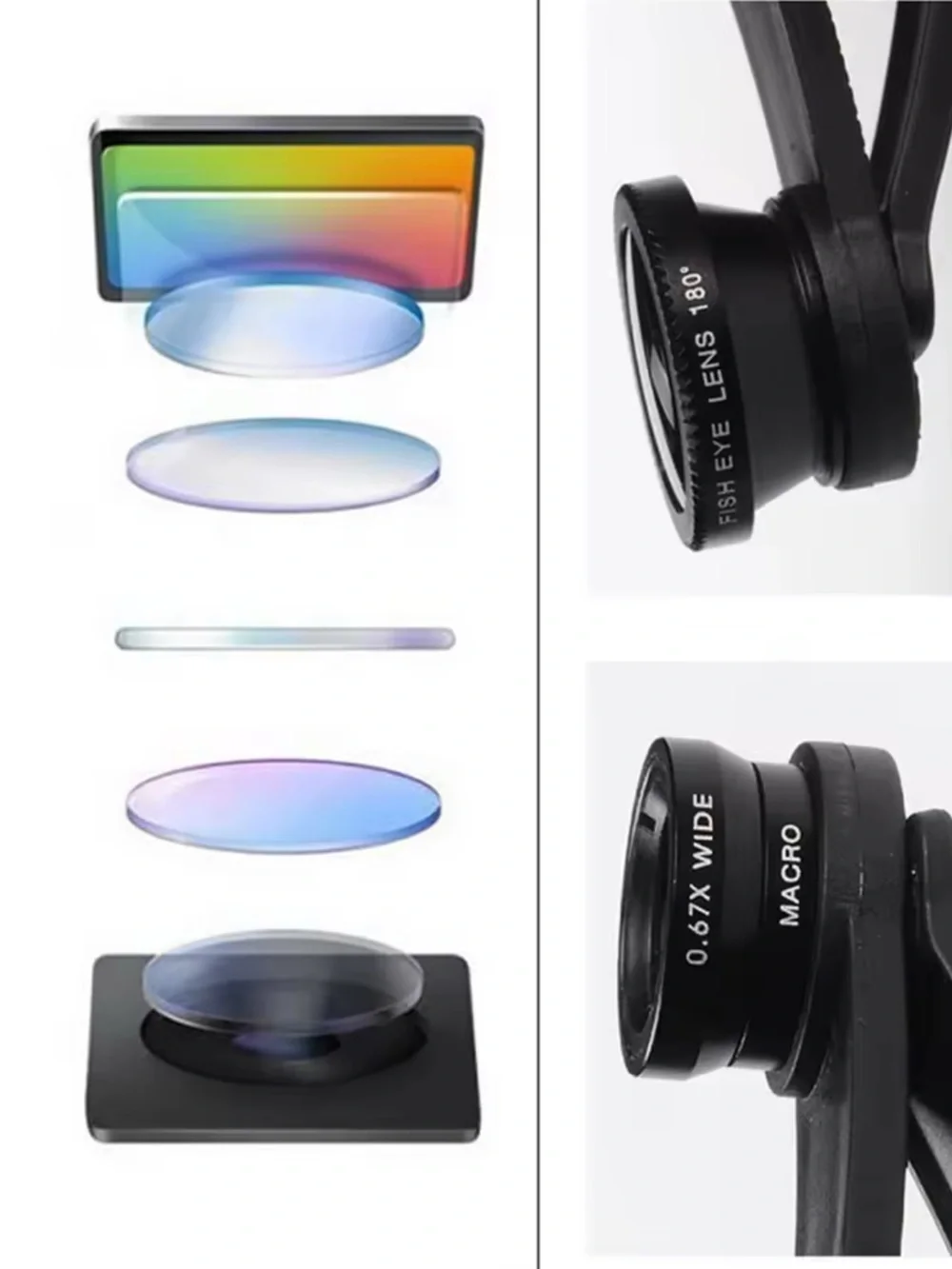 3 in 1 Clip Camera Lens Kit 180° Fish Eye +0.67X Wide Angle + Macro Lens Phone L